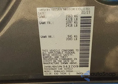 2023 Nissan Altima Sv Fwd from USA, damaged, VIN 1N4BL4DV5PN343709